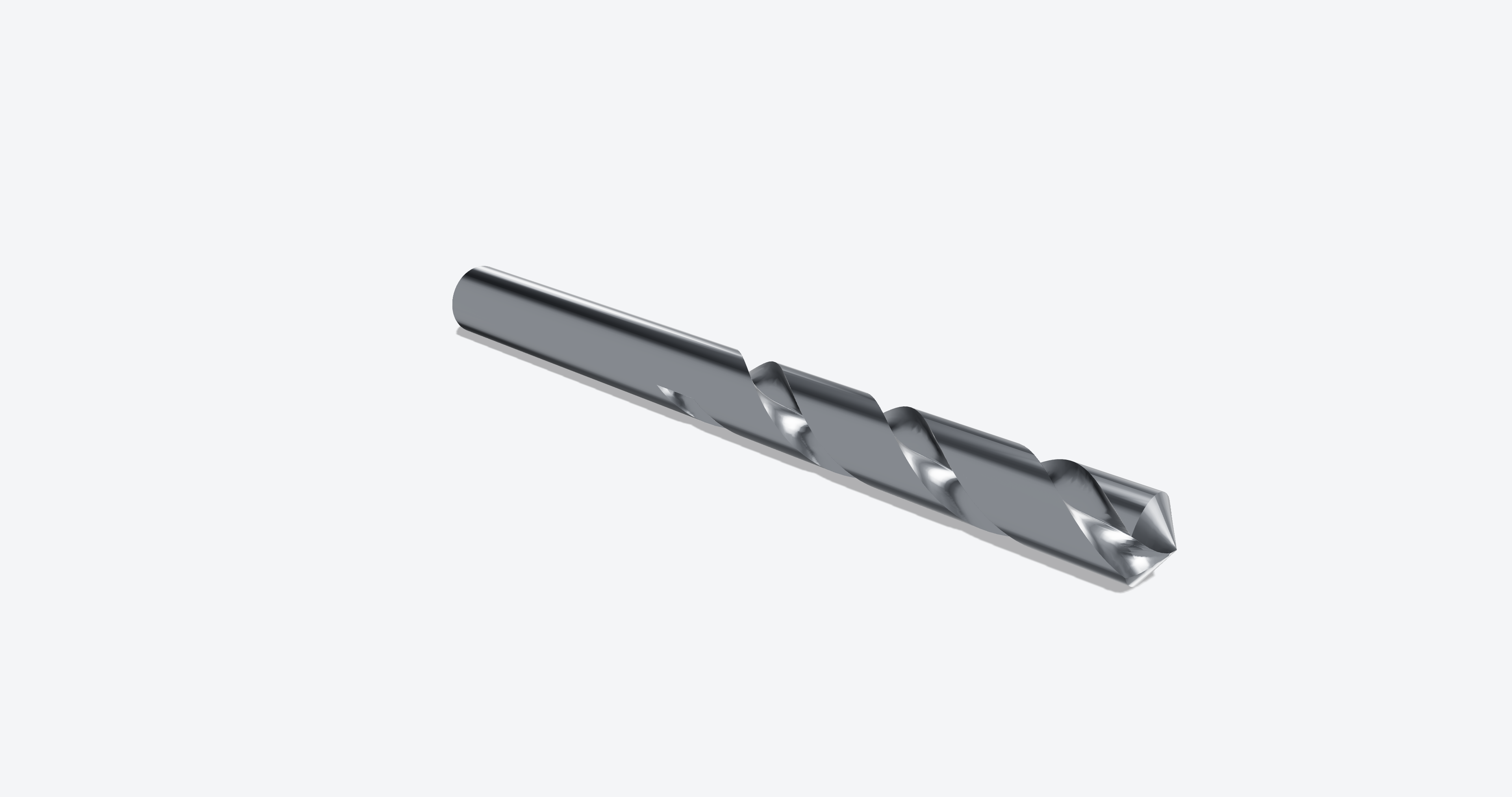 A rendered twist drill with a polished metal finish and soft studio shadow, produced in DraftCore Mechanical.