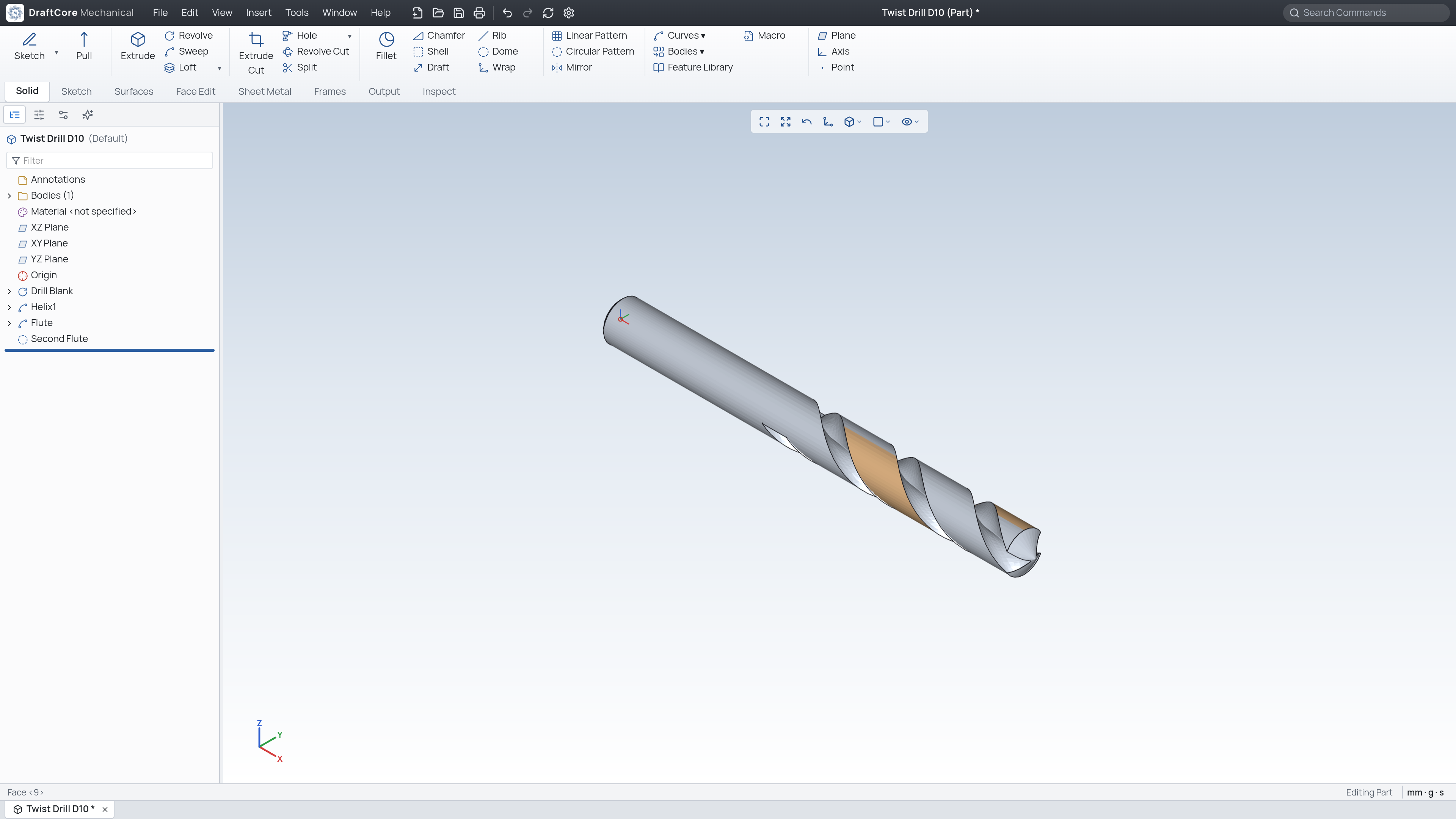 DraftCore Mechanical showing a twist drill part with its feature tree (drill blank, helix, flute, second flute) and the Solid ribbon tab.